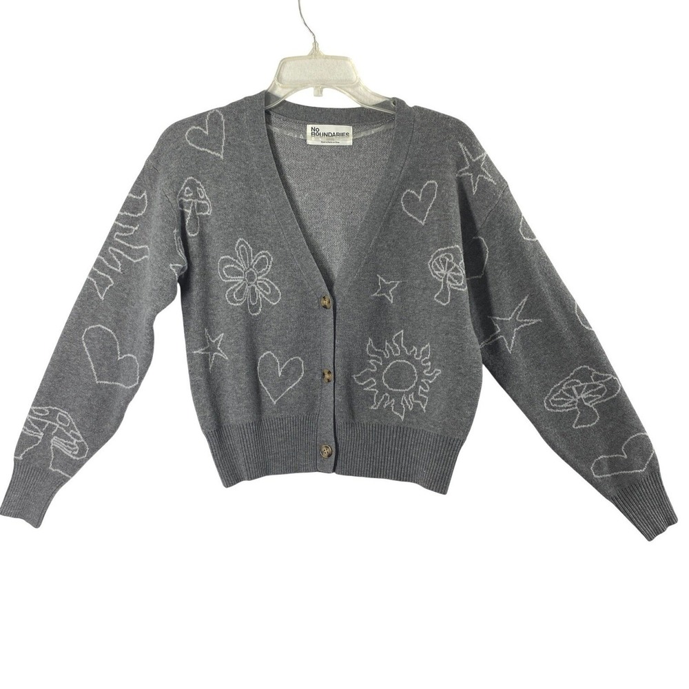 Womens Novelty Heart Sun Star Mushroom Whimsical Cardigan Size XXS Gray Sweater